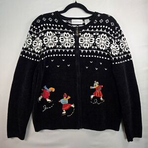 Alfred Dunner Christmas Winter Sweater Cardigan Ice Skating Holiday Black Size M